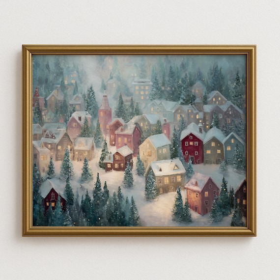 Snowy Christmas Village Cozy Winter Town Festive Holiday Wall Art