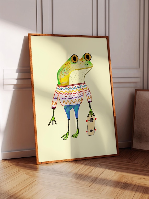 Hipster Frog Art Print, Kids Skateboarding Poster