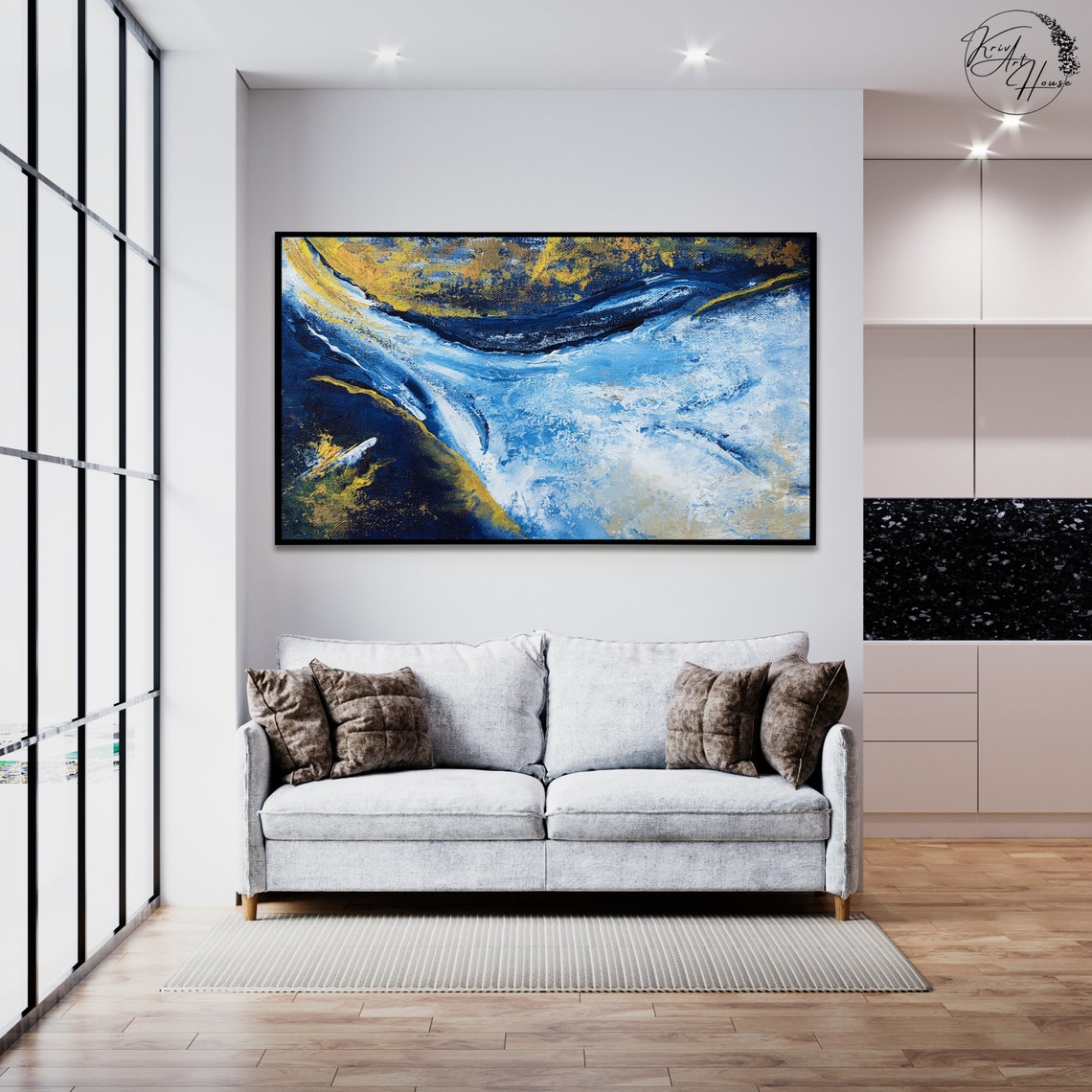 Gold and Blue Abstract Ocean Wave Seascape Modern Art Poster - Image 2