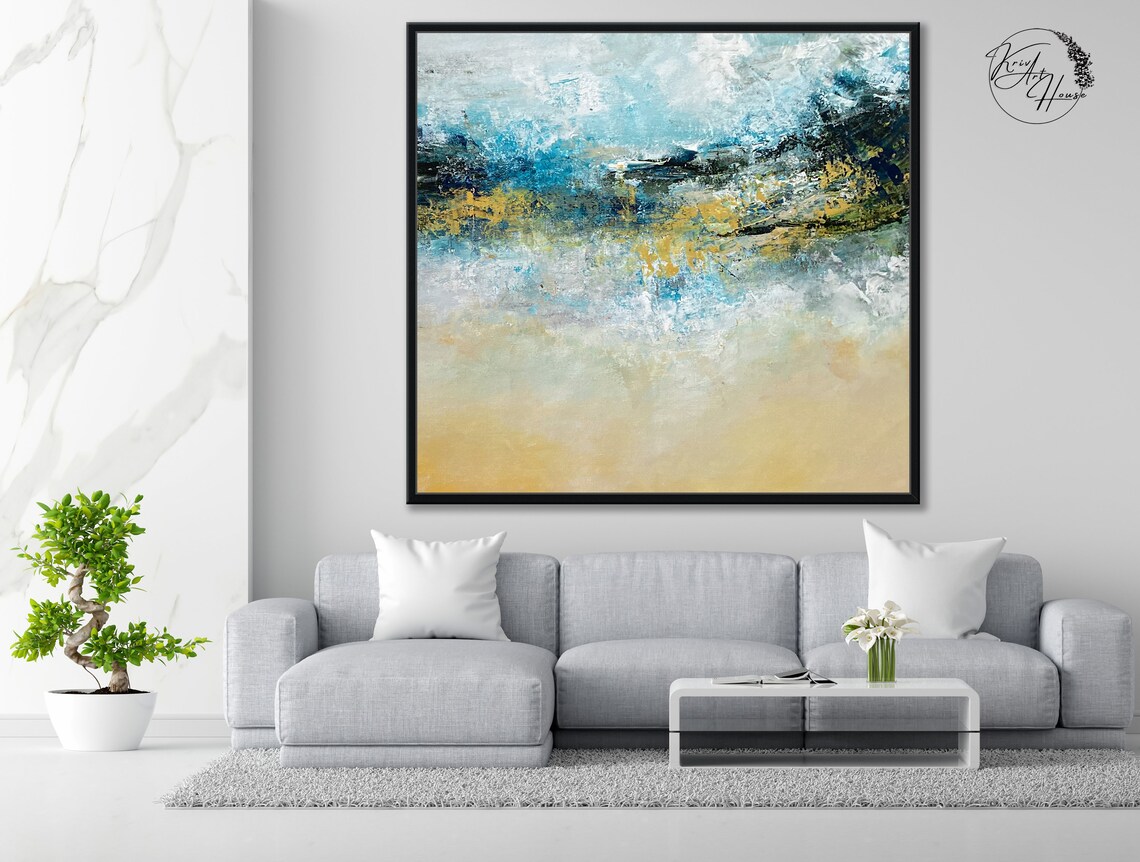 Blue Gold White Misty Coast Abstract Painting Calm Modern Wall Poster - Image 3