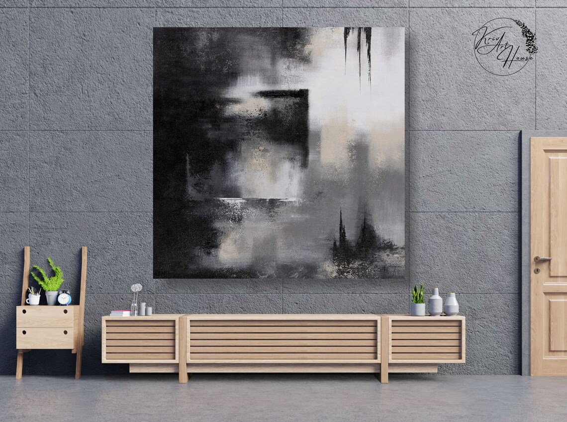 Contemporary Abstract Oil Painting Art Print, Black and White - Image 3