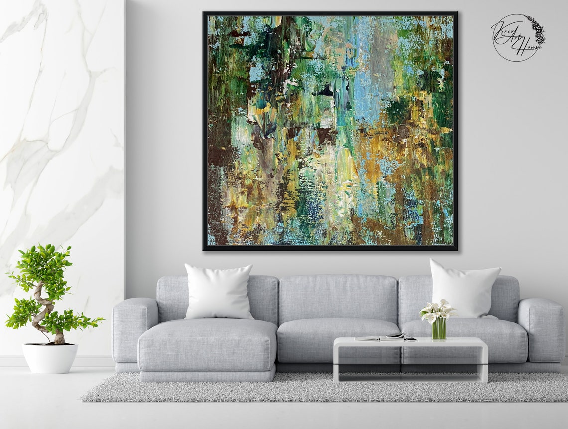 Green Gold Blue Forest Textured Abstract Square Wall Art Poster - Image 2