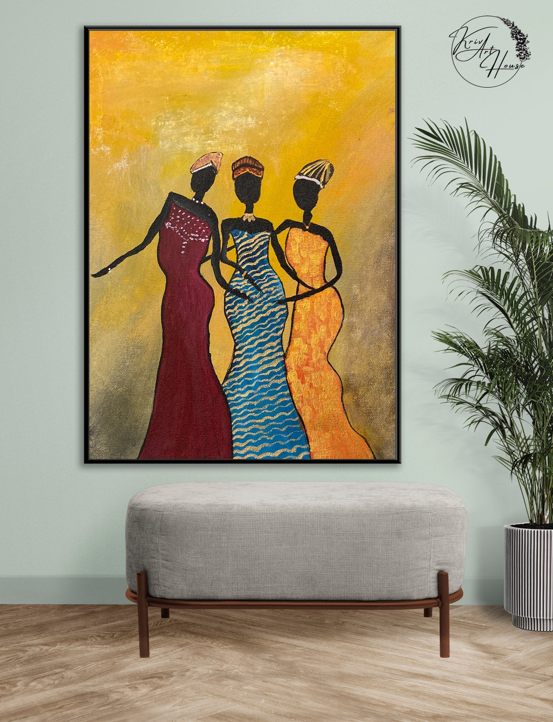 Three African Women Colorful Dresses Golden Cultural Art Wall Poster - Image 3