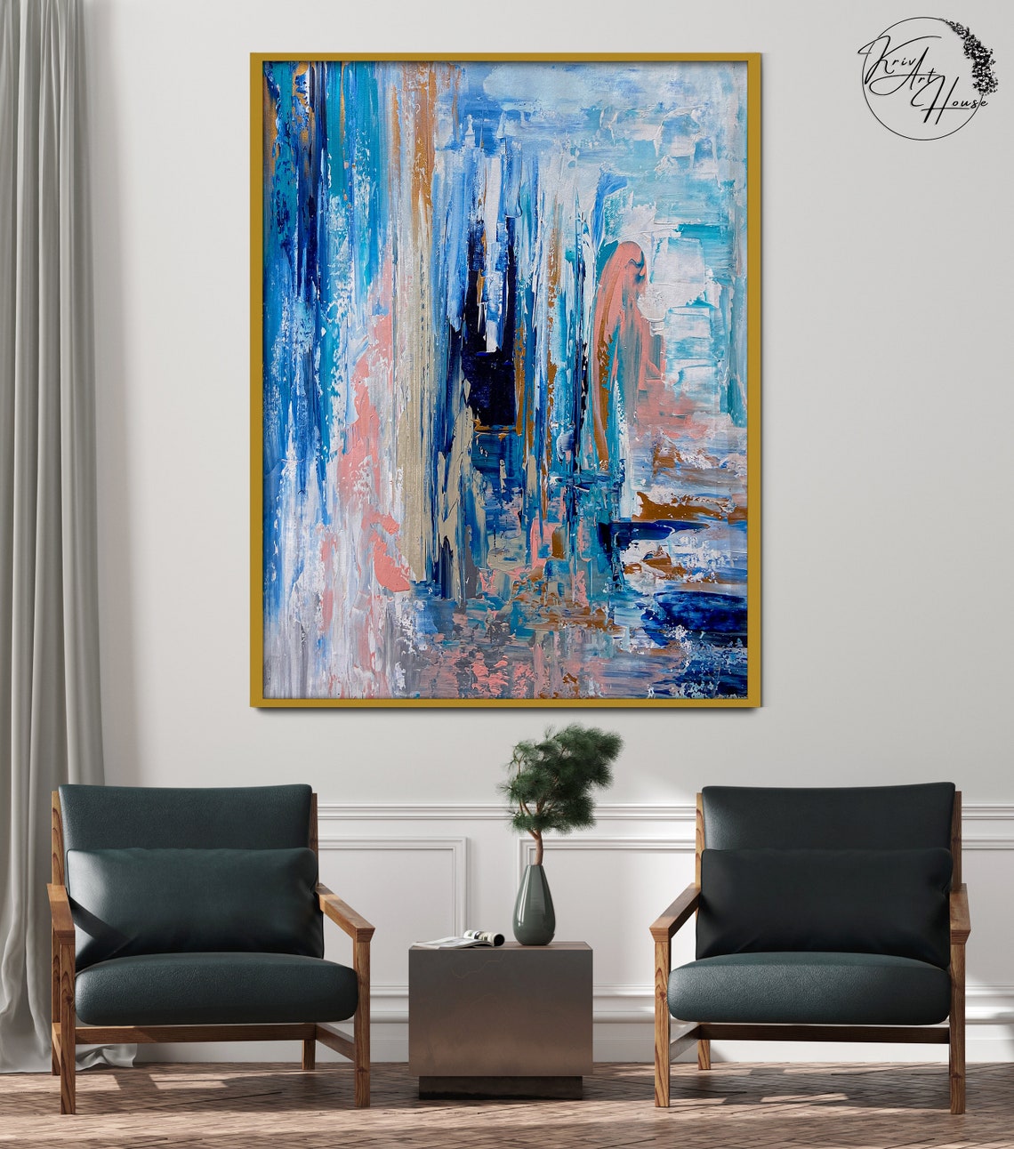 Blue Peach Gold Vertical Strokes Textured Abstract Wall Poster - Image 4