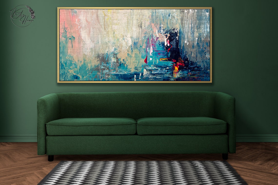 Teal Blue Waterfall Flow Abstract Painting Vertical Modern Wall Poster - Image 4