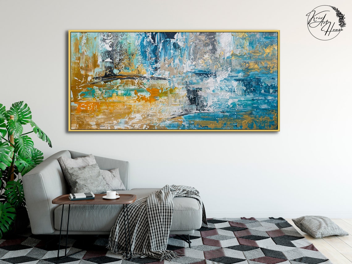 Blue and Gold Textured Palette Knife Abstract Square Art Poster - Image 3
