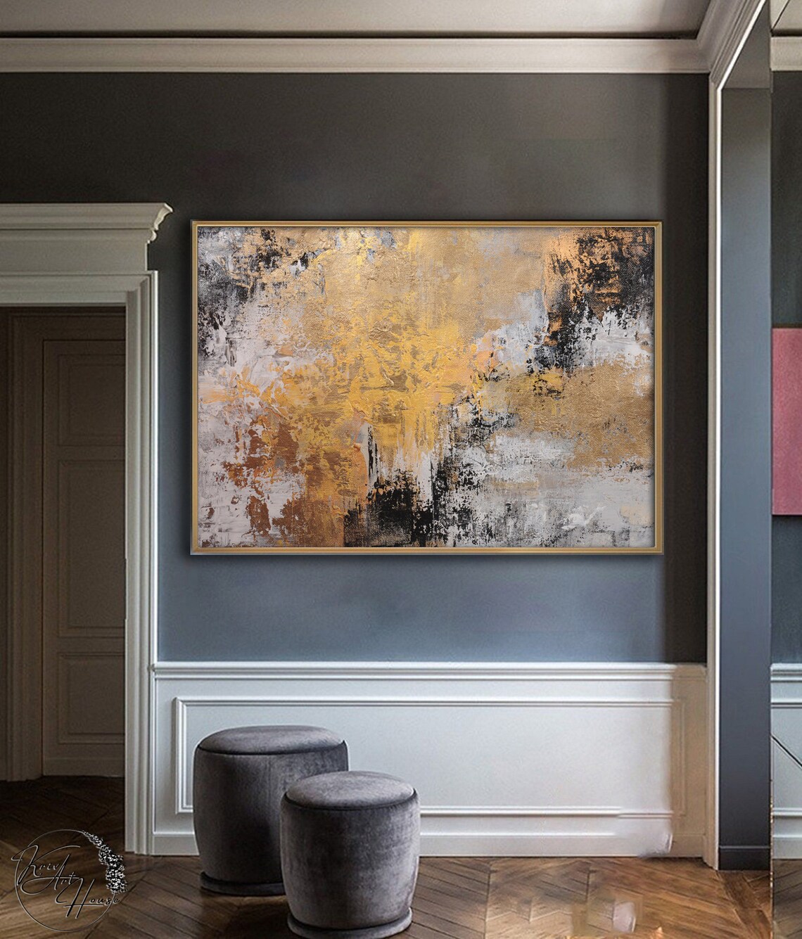 Abstract Painting, Gold and Grey Modern Art Print - Image 3