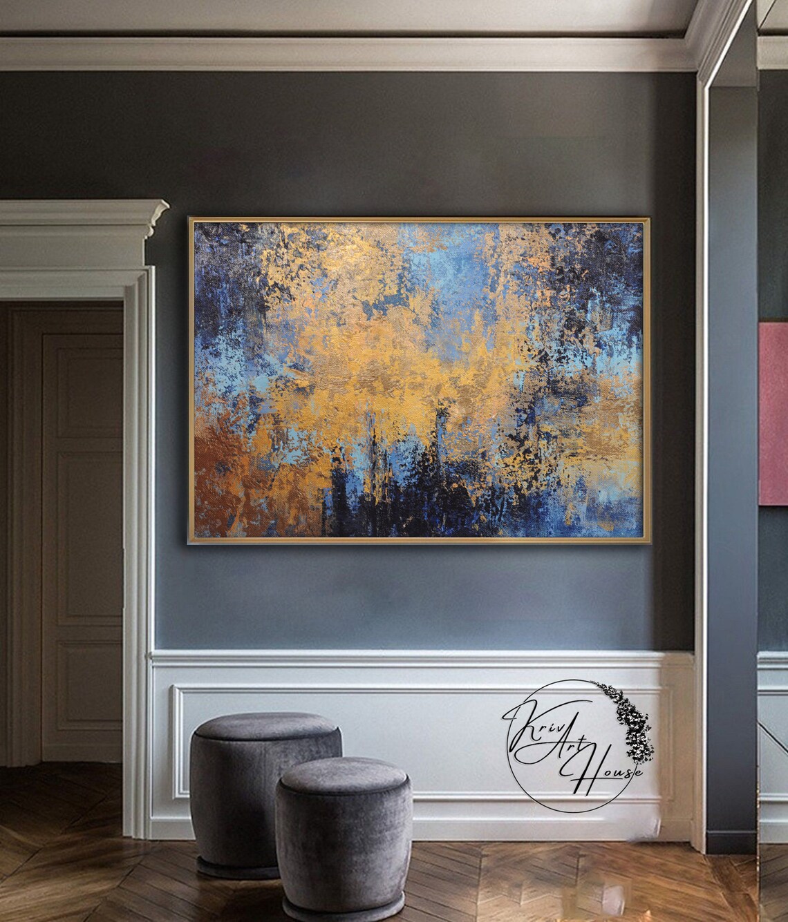 Abstract Painting in Blue and Gold, Office Art Print - Image 2