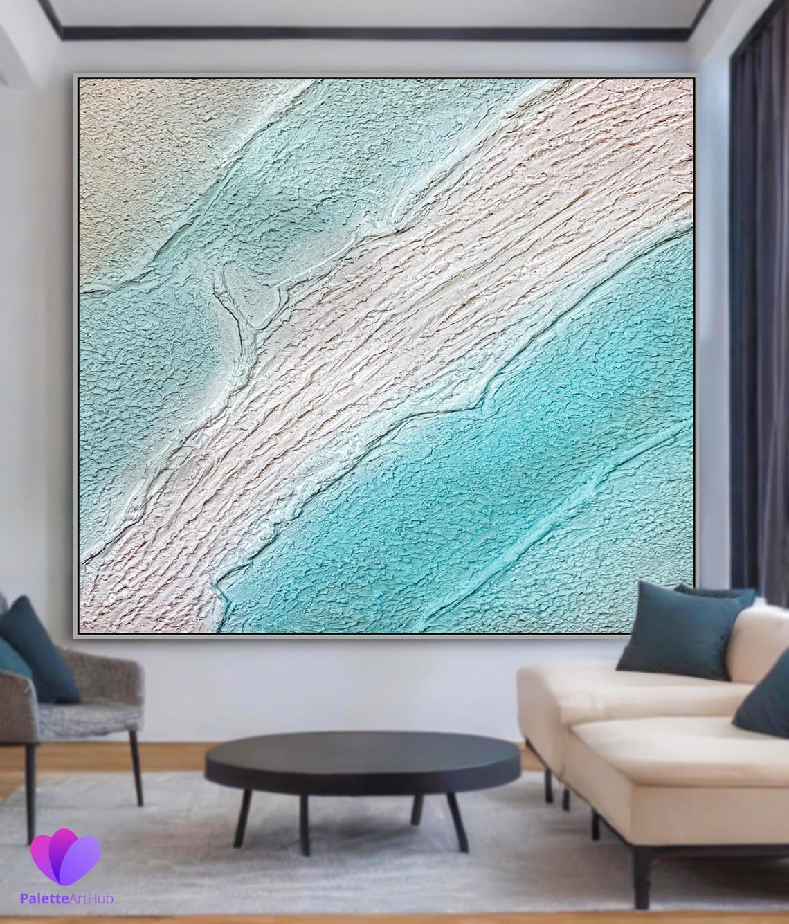 Turquoise White Ocean Wave Textured Coastal Seaside Modern Wall Art - Image 4