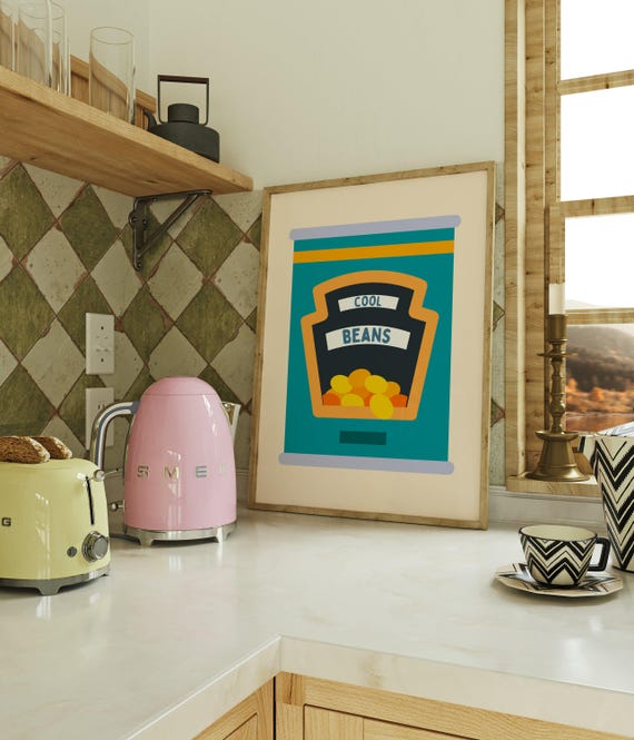 Cool Beans Print Colourful Art Funny Food Baked Poster Quirky Home Decor Canned