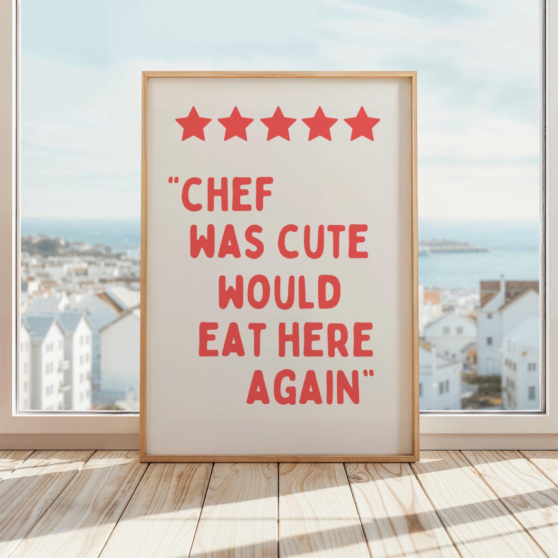 Five Stars Chef Was Cute Would Eat Here Again Wall Art Funny Restaurant Review Kitchen Red White Poster