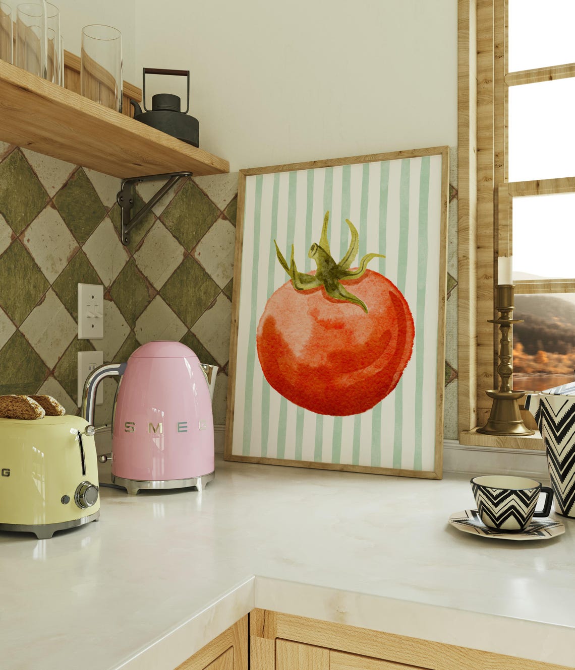 Red Tomato Watercolor Mint Striped Fresh Veggie Kitchen Art Poster