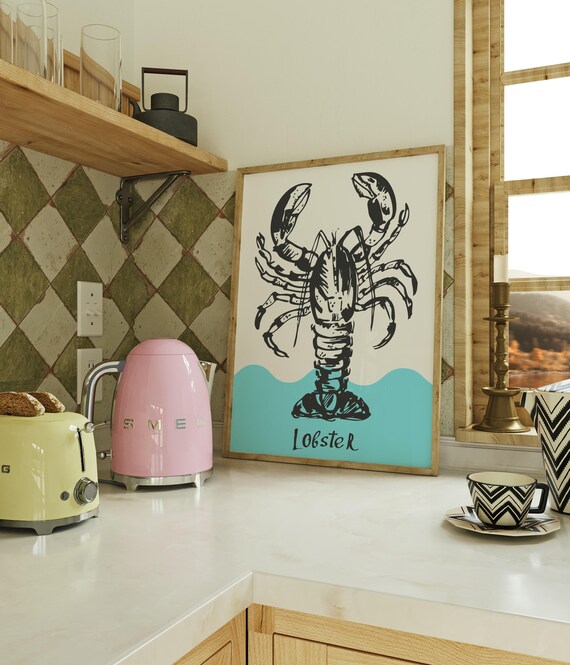 Lobster Poster Print Amalfi Style Seafood Summer Food Wall Art Blue White
