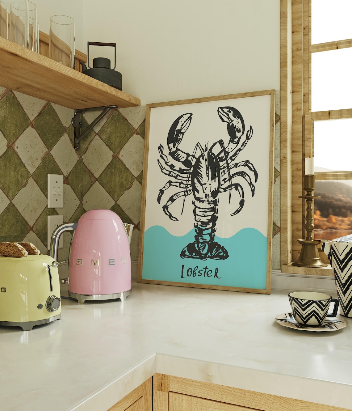 Lobster Bold Line Drawing Turquoise Wave Modern Seafood Art Poster