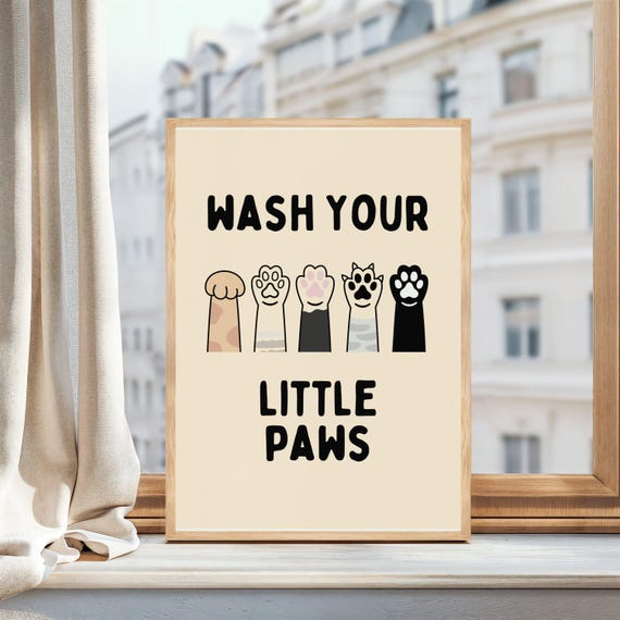 Wash Your Little Paws Cute Cat Bathroom Art Print