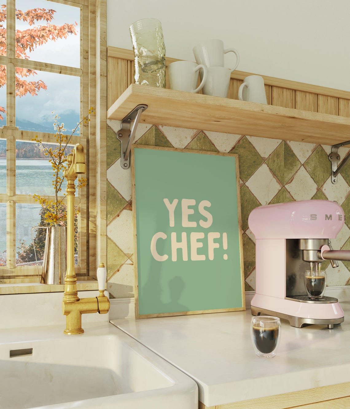 Yes Chef Bold Cream Lettering Mint Green Fun Kitchen Quote Poster