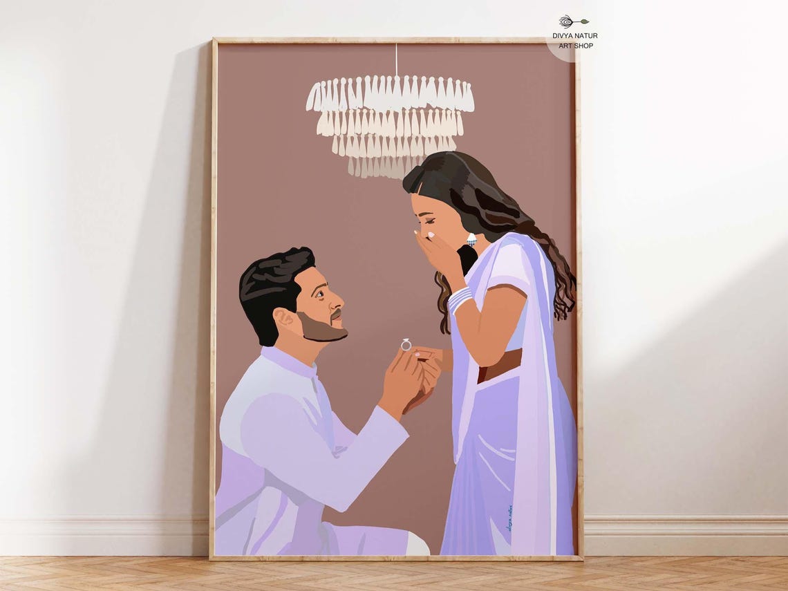 Romantic Indian Proposal Couple Engagement Ring Saree Art Poster