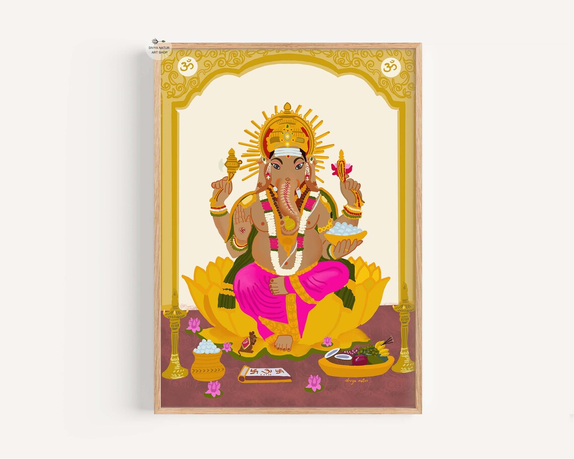 Lord Ganesha Hindu Deity Golden Lotus Blessing Sacred Art Print