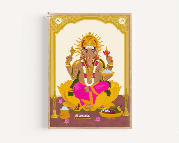 Lord Ganesha Hindu Deity Golden Lotus Blessing Sacred Art Print