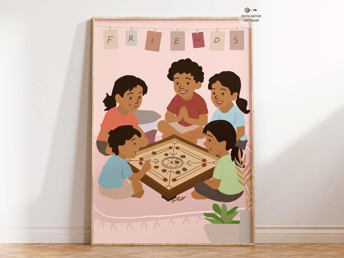 Joyful Kids Playing Carrom Board Friends Childhood Game Art Print