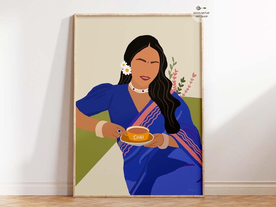 Woman Chai Art Print Vibrant Blue Saree Illustration Instant Lover Traditional Desi Home Decor