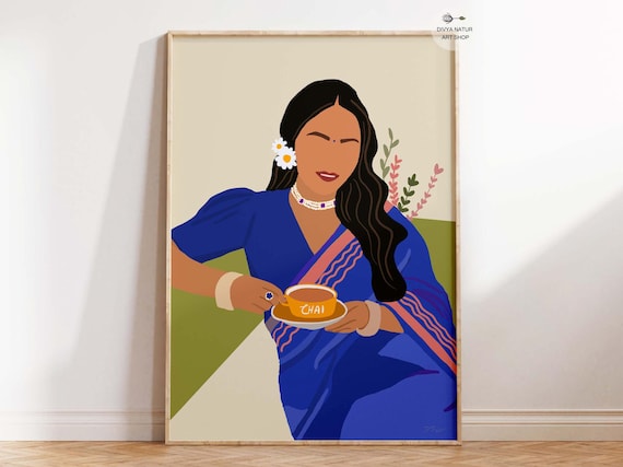 Woman in Blue Saree Holding a Cup of Chai Warm Kitchen Art Poster