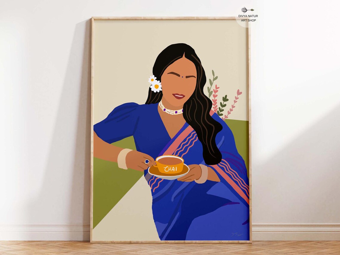 Woman in Blue Saree Holding a Cup of Chai Warm Kitchen Art Poster