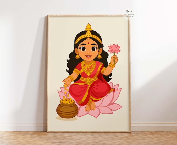 Baby Goddess Lakshmi Wall Art Hindu Devi Poster For Kids Room Divine Spiritual Decor Mythology Illustration