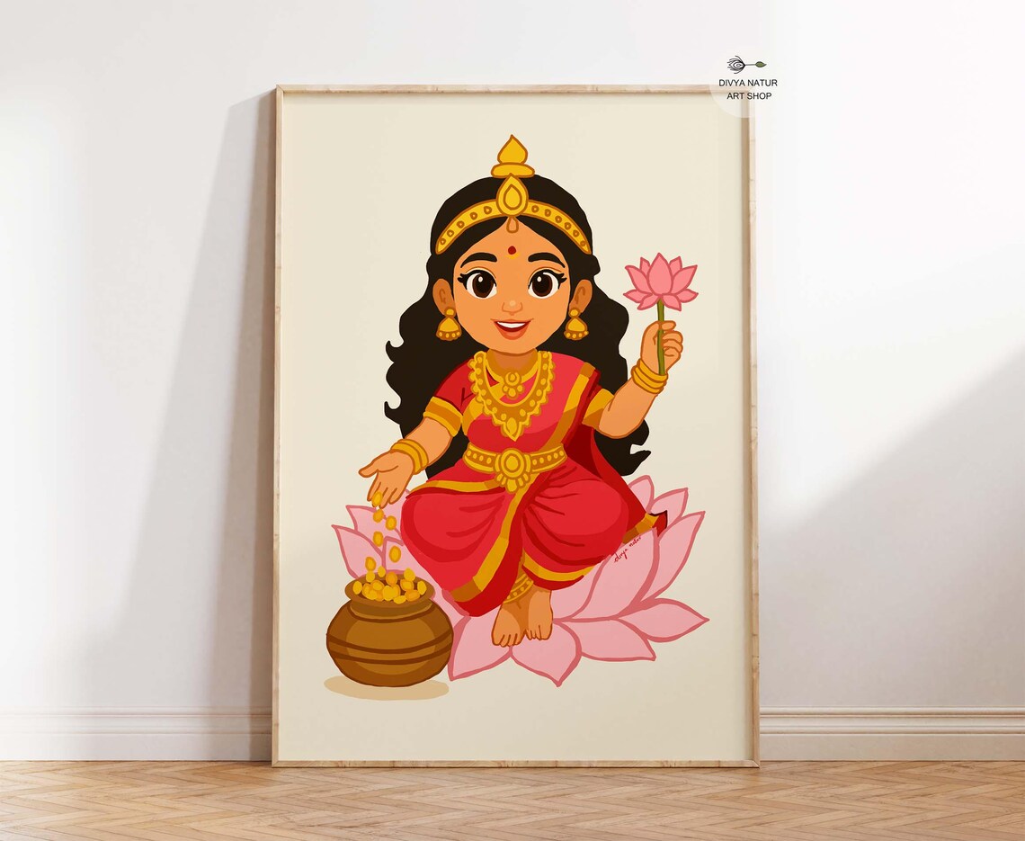 Baby Goddess Lakshmi With Gold Coins Cute Hindu Kids Art Poster