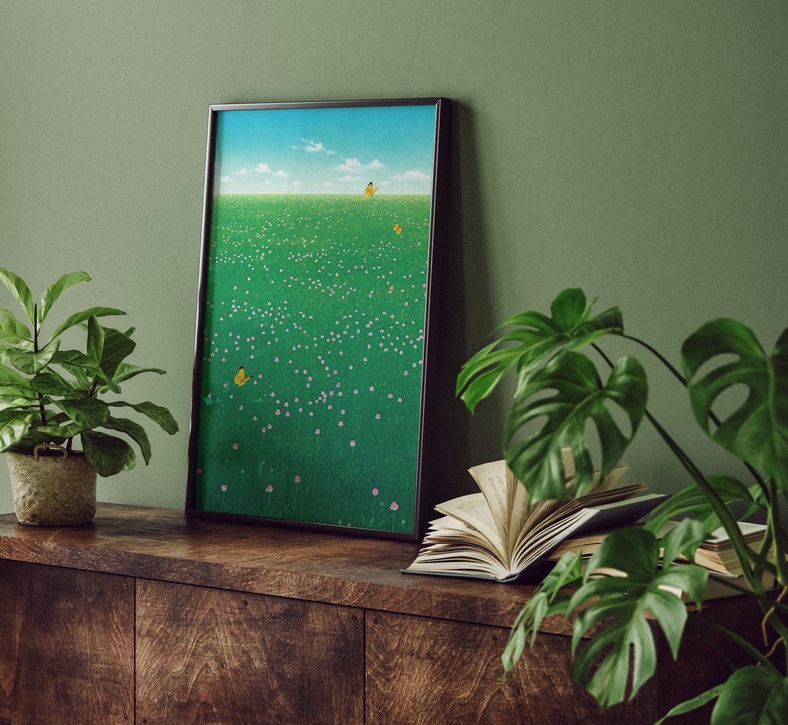 Green Wildflower Meadow Butterflies Summer Sky Minimal Art Poster - Image 4