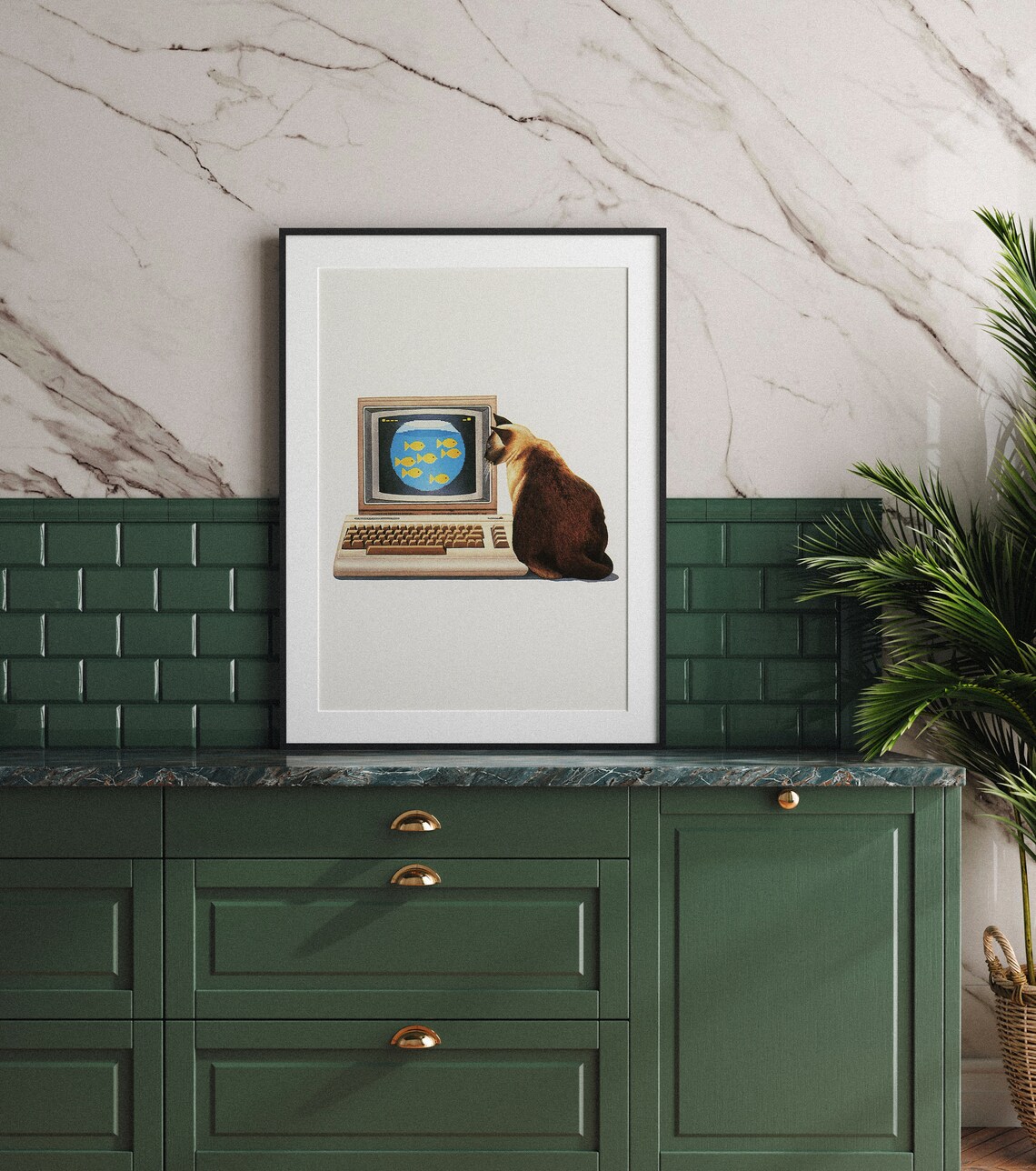 Siamese Cat Watching Goldfish on Vintage Computer Screen Poster - Image 3