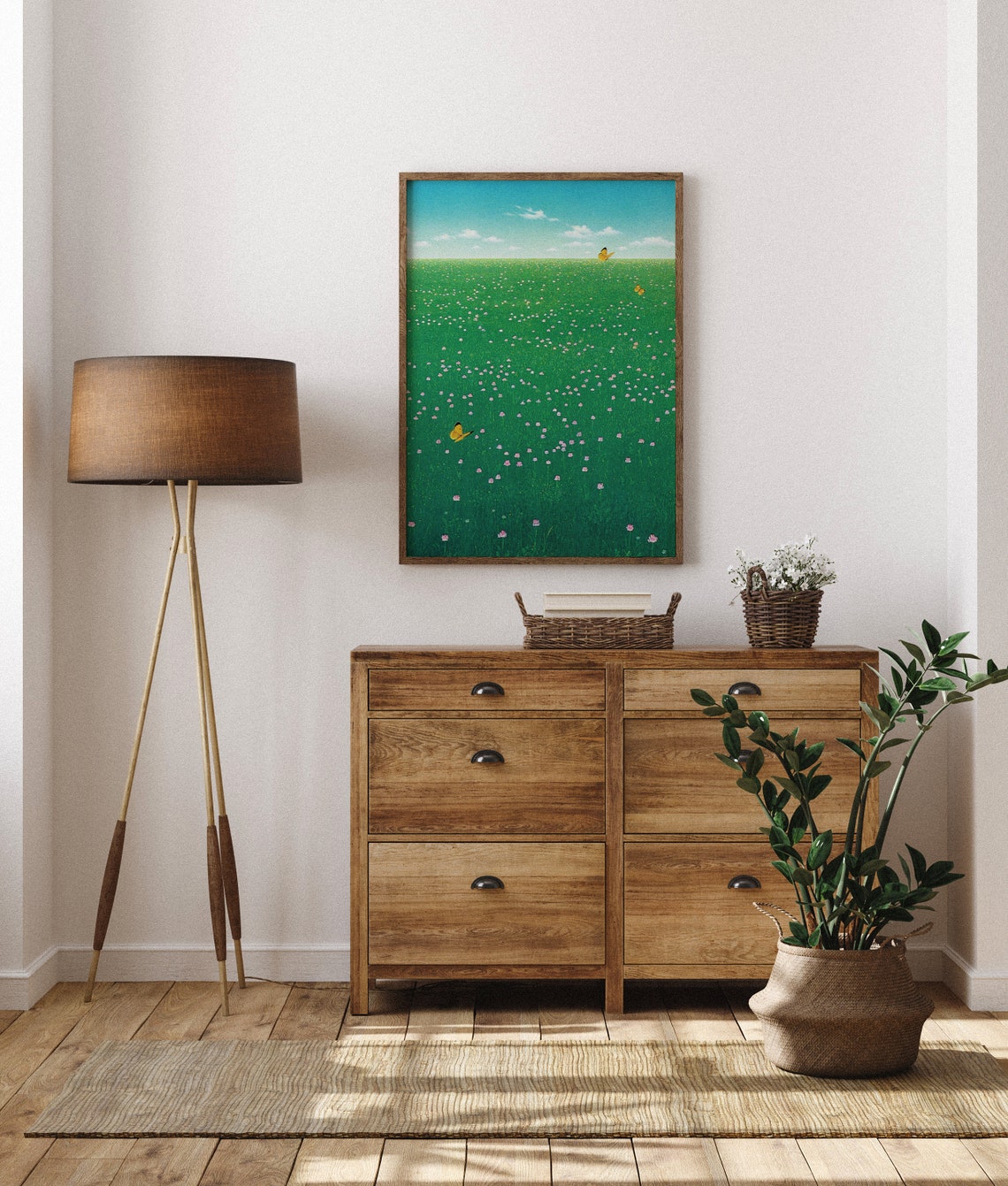 Green Wildflower Meadow Butterflies Summer Sky Minimal Art Poster - Image 6