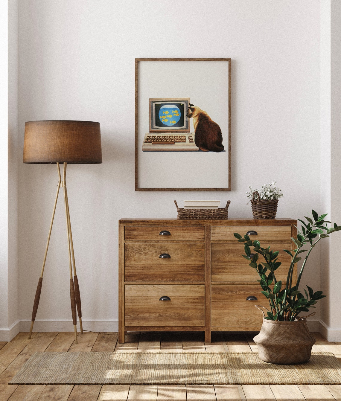 Siamese Cat Watching Goldfish on Vintage Computer Screen Poster - Image 6