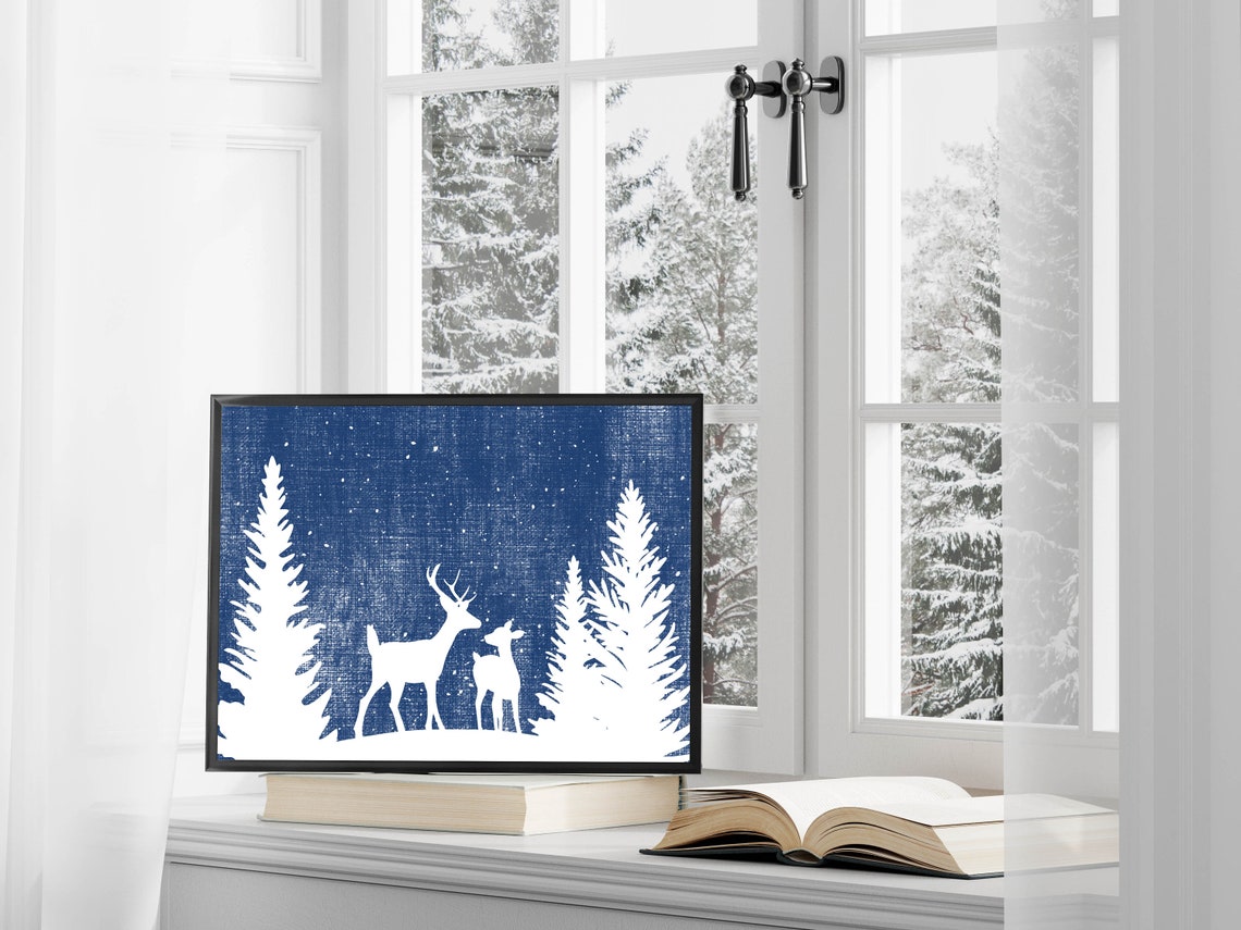 Deer Silhouettes Among Pines White On Navy Winter Snow Scene Poster - Image 7