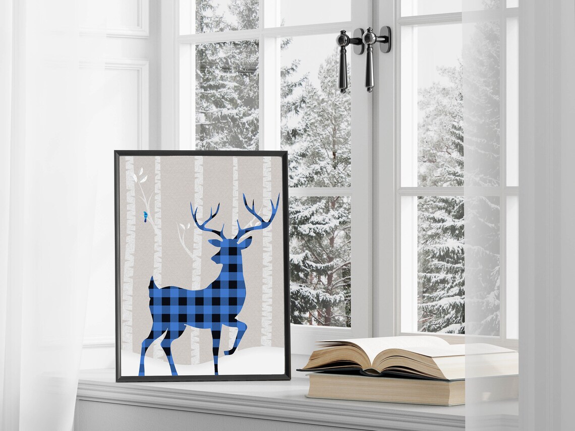 Blue Buffalo Plaid Deer Birch Forest Winter Woodland Snow Silhouette Poster - Image 3