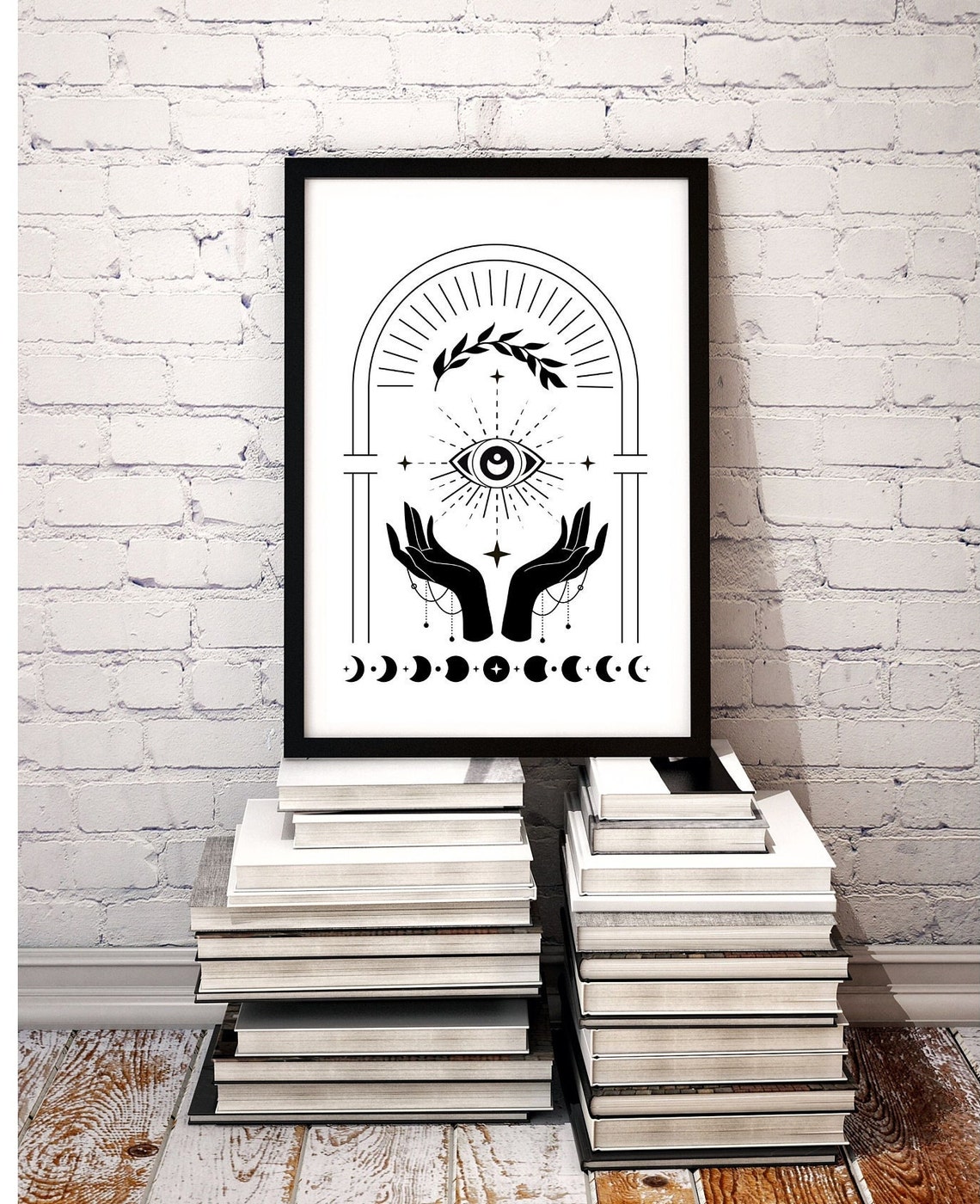 Boho Mystical All Seeing Eye Hands Moon Phases Line Art Poster - Image 2