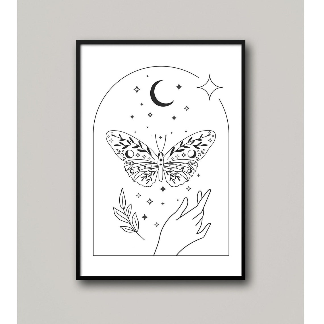 Celestial Butterfly Moon Stars Minimalist Black Line Art Poster