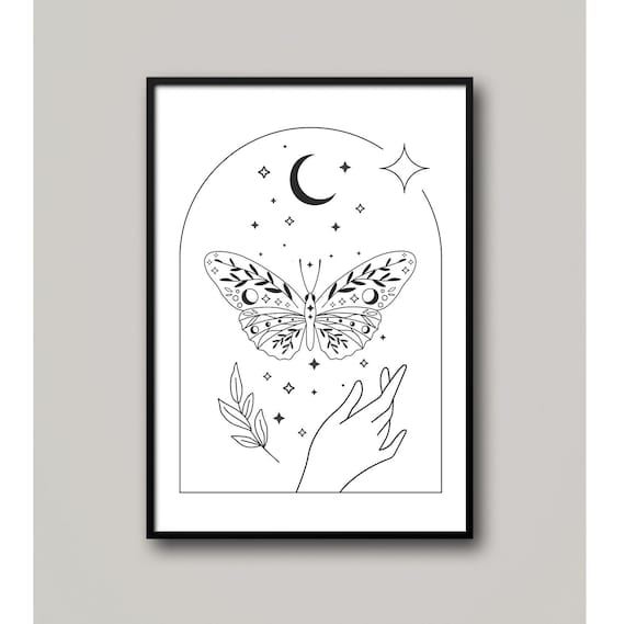 Celestial Butterfly Moon Stars Minimalist Black Line Art Poster