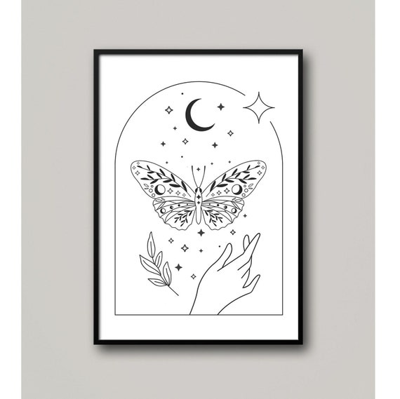 Celestial Mystic Moth Hands Moon Stars Arch Print Femme Boho Organic Aesthetic Decor Witch Tarot Zodiac Magic Vintage Minimalist Line Art