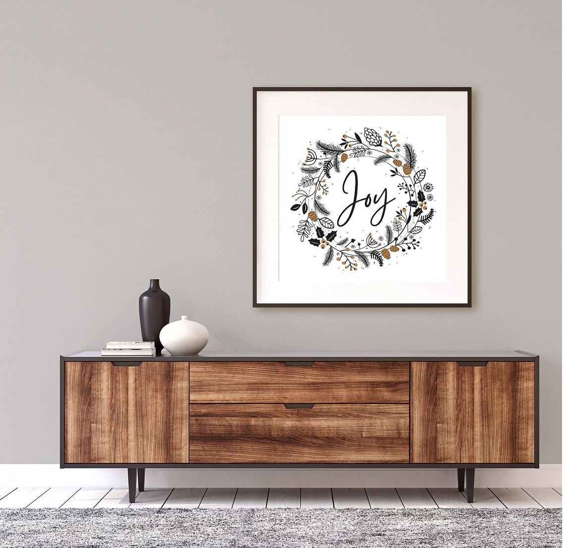 Joy Script Botanical Wreath Gold Holiday Art Wall Decor Poster - Image 2