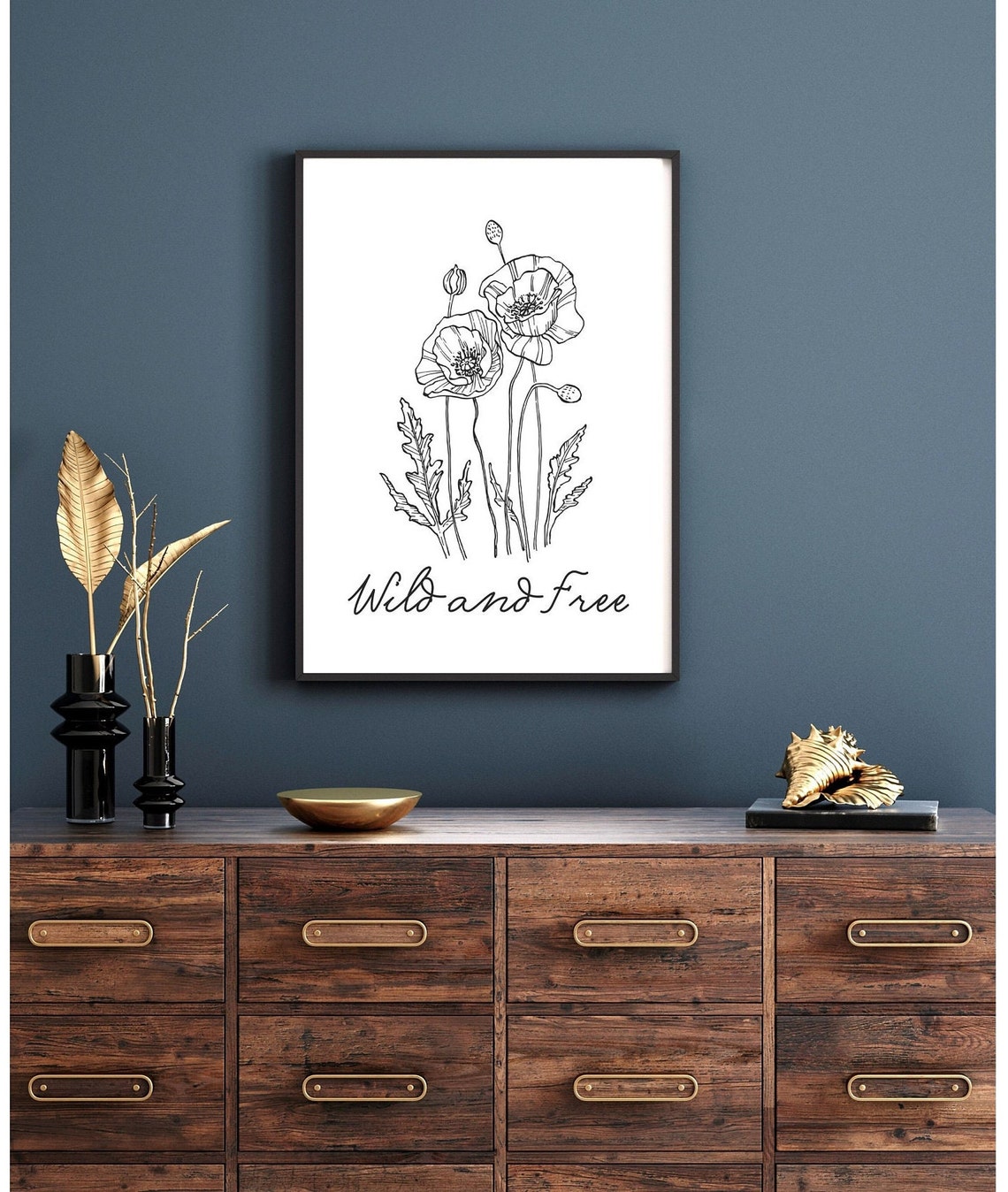 Wild and Free Botanical Poppy Flowers Line Art Script Quote Poster - Image 5
