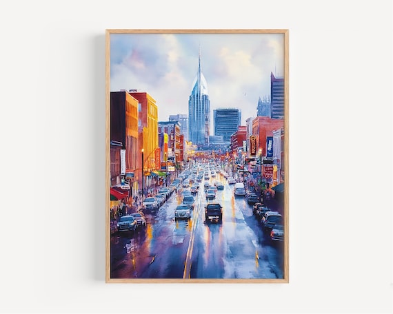 Nashville Broadway Downtown Neon Signs Watercolor USA Travel Poster