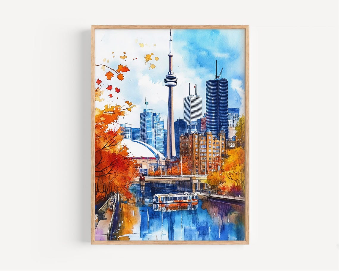 Toronto Autumn Skyline Watercolor CN Tower Harbor Poster Art