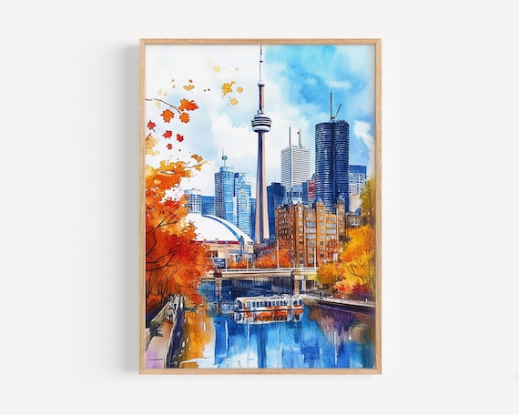 Toronto Autumn Skyline Watercolor CN Tower Harbor Poster Art