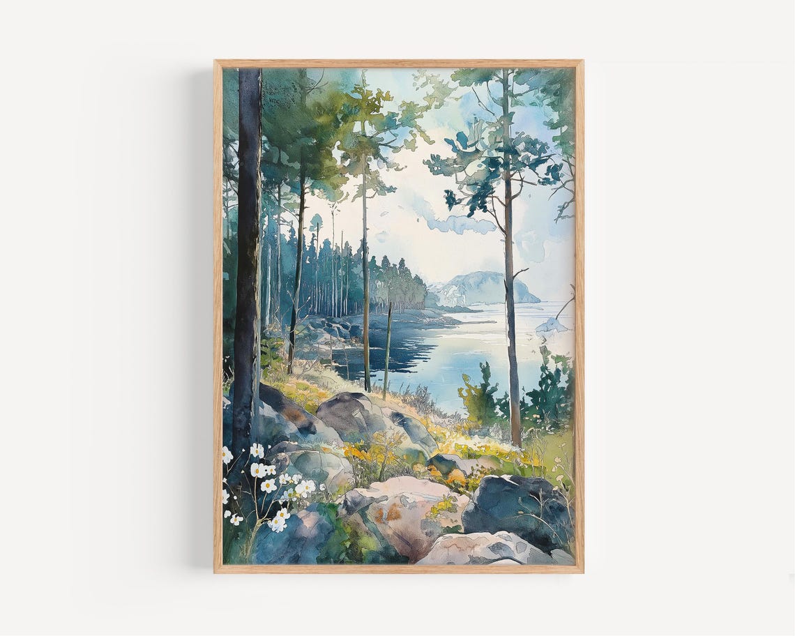 Pine Forest Lake Watercolor Poster Nordic Shoreline Nature Art