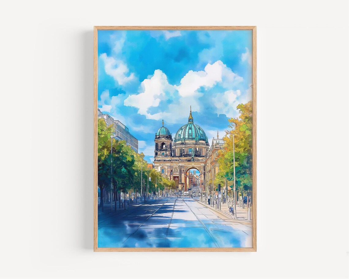 Berlin Cathedral Dome Green Copper Watercolor Cityscape Travel Poster