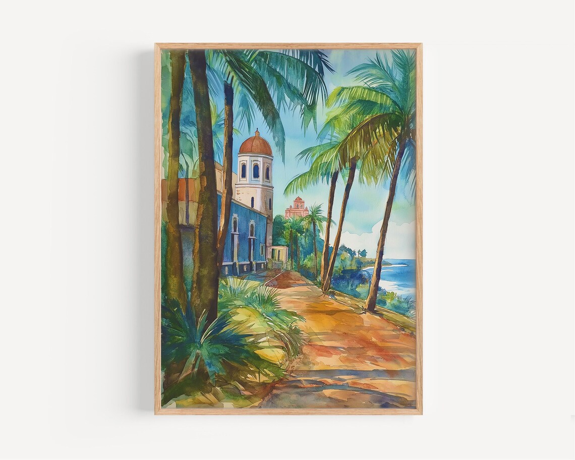 Puerto Rico Watercolor Palm Trees Blue Colonial Church Tropical Coast Poster
