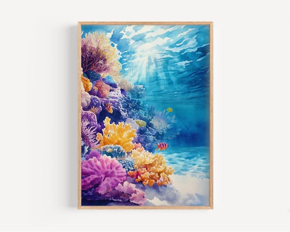 Great Barrier Reef Watercolor Painting Wall Art Print Australia Poster Travel Decor Illustration Home