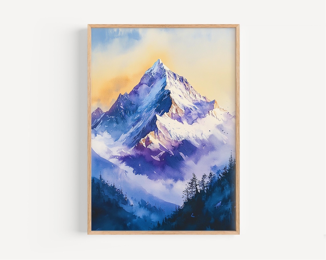 Mount Everest Watercolor Travel Poster, Mountain Art