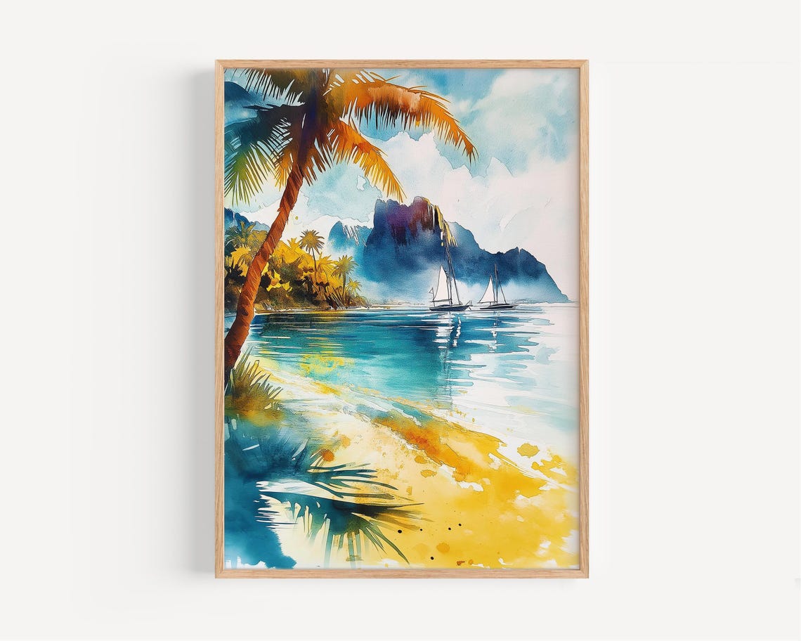 Tropical Beach Watercolor Paradise Palm Trees Sailboat Island Poster